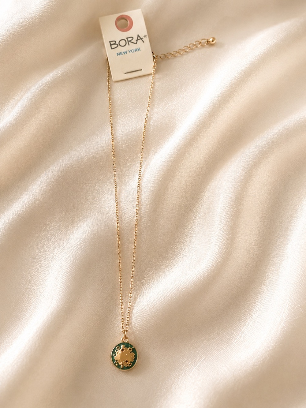 BORA New York Gold Necklace with Green Enamel Pendant
